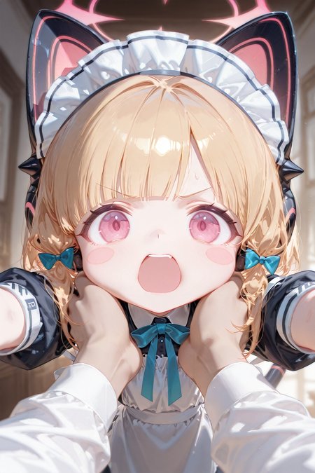 masterpiece,best quality,1girl, 1other, momoi \(blue archive\), momoi \(maid\) \(blue archive\), blue archive,angry, animal ears, apron, blonde hair, bow, chibi, dress, fake animal ears, furrowed brow, hair bow, halo, looking at viewer, maid apron, maid headdress, medium hair, meme, open mouth, outstretched arms, pink eyes, pink halo, pov, pov cheek grabbing \(meme\), pov hands, solid circle eyes, solo focus, white apron, shiny skin, blurry background, animal ear headphones, blush stickers, blue bow, off shoulder, cat ear headphones, official alternate costume, blunt bangs, depth of field, headphones, blurry,,<lora:FleeceFade:0.7>,<lora:cunnyfunkystyle:0.3>,cunnyfunkystyle,<lora:MatteSkin_Illustrious_v4:1>