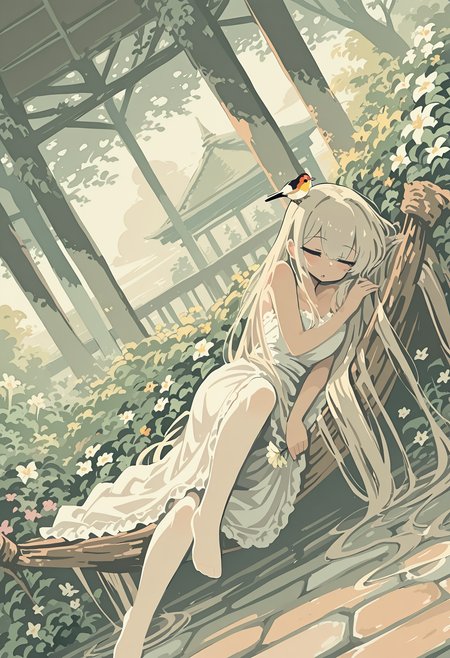 1girl,   beige hair,  very long hair,          
BREAK dutch angle,  1girl, solo, (closed eyes, sleeping:1.2), leg up, no shoes, sitting on hammock, outdoors, lying on side, gazebo, pavement, bird on girl's head, holding flower, uneven eyes,  panicking,      
BREAK                   white wedding dress,  flowers are scattered on the bed,      
BREAK general, (okiraku nikku:0.75), (she tikin:1.15), (umxzo:0.5), (raine \(acke2445\):0.5), thick outlines, (pixel art:1.3), limited palette, masterpiece, best quality, absurdres, highres, newest, <lora:ponyv6_noobV1_2_adamW:0.7>, <lora:VICE_v1.0:0.4>