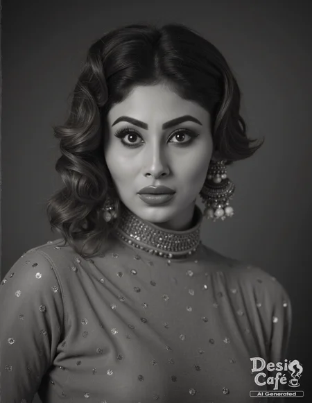 vintage greyscale photo of  mouni roy woman, hyper realistic photo that is safe for work, expression of wonderment with wide eyes, studio quality image, well dressed wearing intricate turtleneckLehenga Choli, hair styled as wispy fringe,muted shaded wallpaper background that contrasts with the person, cinematic lighting,âââââ  <lora:Mouni_Roy_2024_Flux_Kohya_LoRA_v1:1>âââ