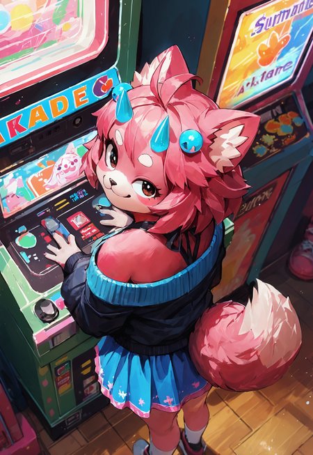embedding:urn:air:sd1:embedding:civitai:222256@250708, easynegative, source_anime, close up, score_9, score_8_up, score_7_up, anthro axolotl girl, pink fur, focused, inside arcade, small horns, glowing blue horns, sunken eyes, standing, playing at arcade cabinet, smug, short tail, tail lifted, jacket hanging off shoulders, cute skirt, from behind, from above