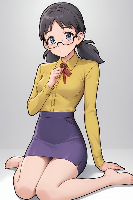 (yellow dress shirt red ribbon purple skirt pencil skirt:1.50), cra-tamara, blue eyes, glasses, rimless eyewear, [black hair], low twintails, bangs, hair tie, 
medium breasts, 1girl, solo, skinny, (source_anime, score_9, score_8_up, score_8, score_7_up), score_7, score_6_up, score_6, score_5_up, score_5, 
(blush:1.10),
(laboratory:0.90),
(sitting:1.60), (feet:1.20),
<lora:cra-tamara-V01:0.90>