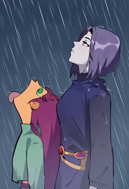 score_9, score_7_up, source_anime, 
gokumeme, rain, 2girls, starfire, tongue out, looking up , raven \(dc\),  <lora:gokumeme_xl:0.7>