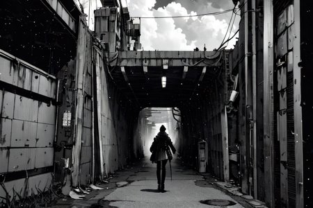 highly insanely detailed, masterpiece, top quality, best quality, highres, 4k, 8k, RAW photo, (very aesthetic, beautiful and aesthetic),  
tsutomu nihei,nihei_tsutomu,blame!,blame gakuen!,abara,TNstyle,sidonia_no_kishi,(tunnel),tentacles,gauna,gauna mech,light particles,walkway,bridge,buildings,mist,smoke,clouds,cables,tubes,industrial pipes,fence,machinery,dome,dark sky,black sky,drainpipe,letterboxed,star \(sky\),starry sky,wire,ventilation fan,ventilation shaft,bones,concrete walls,metal walls,lantern, 
<lora:blamev2:0.6>, 
(1girl:1.3), 
solo focus, 
ethereal lavender background,âââ