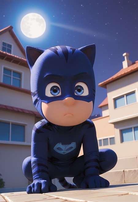 (score_9, score_8_up, score_7_up), highly detailed, cute boy, masterpiece, best quality, high quality, detailed, round face, round eyes,  petite, flat chested, aged down, cute, kawaii, short, 1boy, solo, Catboy Costume, Blue Eyes, Cat Ears, Tail,  low angle view, foreshortening, dynamic view, dutch angle, looking away, serious, squatting, on roof ledge, perching, perfect detail, perfect eyes, perfect face, perfect mouth, night time, moonlighting, moon in background, natural lighting, (ray tracing, good shadows)