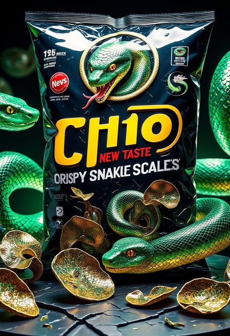 sn4k3, aidmamj6.1, anime, cyberpunk, A surreal and imaginative image of a bag of chips labeled "Chio New Taste: Crispy Snake Scales." The packaging is bold and eye-catching, featuring a stylized serpent mascot with glowing eyes and a forked tongue, coiling around the logo.
The chips inside are not ordinary—they are shimmering, crispy snake scales with an iridescent sheen, reflecting hues of green, gold, and black. Some chips are curled, while others lay flat, detailed with intricate scale patterns. A few spill out of the bag onto a surface, emphasizing their unique, crunchy texture.
The background could resemble a modern snack advertisement or a mysterious market, hinting at this being a rare delicacy with a mythical or magical origin. The scene balances realism and fantasy, making the unusual snack feel both intriguing and strangely appetizing.