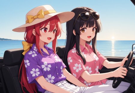 masterpiece,best quality,amazing quality, BREAK, (2girls), kotohime (touhou), long hair, red hair, hair between eyes, bangs,  sunglasses_on_head, sidelocks, low ponytail, hair bow, yellow bow, red eyes, alternate_costume, hawaiian_shirt, purple_shirt, white_pants, miami, solo, blue_sky, ADDCOL, alternate_costume, houraisan_kaguya, black_hair, brown_eyes, sun_hat, pink_shirt, driving, motor_vehicle, convertible, road, coast, smile, open_mouth, :D,