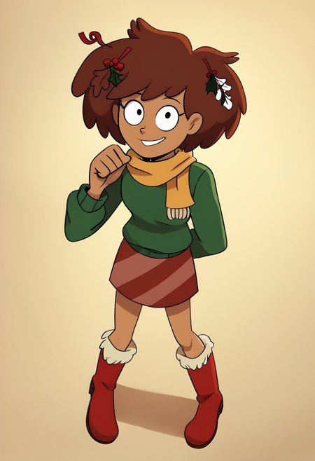 deadinsidestyle, channeboonchuy, , from above, , furry boots, plate skirt, , green jumper, , yellow scarf , christmas , candycane in hair, mistletoe in hair , solo