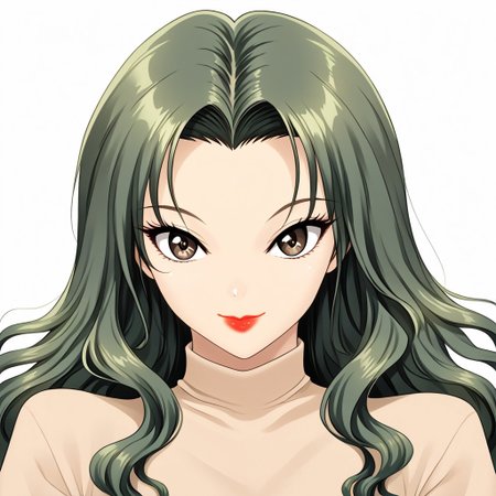 simple background, white background, 
1girl, solo, face focus, light smile, closed mouth, looking at viewer, 
oc03glwHbEnS, dark green hair, long hair, wavy hair, forehead, light brown eyes, detailed eyes, lipstick, 
beige shirt,