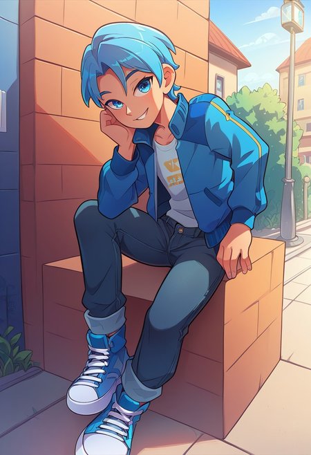 (((beautiful, high quality))), score_9, score_8_up, score_7_up, score_9, score_8_up, score_8, masterpiece, best quality, unrealistically high details, extremely high quality, ultra high detail, good anatomy, anime style, full body, park background BREAK cute, ((1boy, solo, blue hair, cyan eyes, smile,  skinny boy, (((
blue racing driver's jacket, black jeans, blue sneakers, sultry look, looking at viewer))), dramatic angle, (ray tracing, good shadows, score_9, score_8_up, score_7_up),