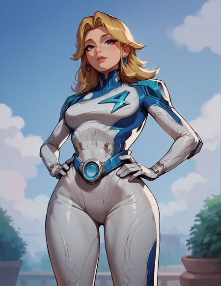 1girl, blonde, looking at the viewer, suit1, hands on hips, sky background,  outdoors, wide hips, white bodysuit <lora:Invisible_Woman_-_Marvel_Rivals:0.8> sue_storm, score_9, score_8_up, score_7_up, score_6_up, 2d, digital art, masterpiece <lora:Expressive_H:0.4> expressiveh <lora:princess_xl_v2:0.3> <lora:g0th1c2XLP:0.3> g0th1c