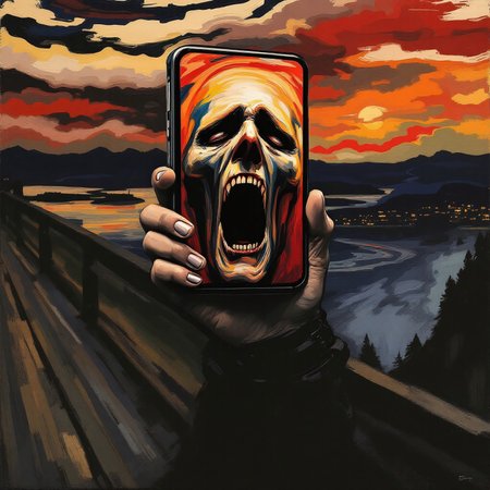 standing full body, screaming head shaped like, latest smartphone, hands holding side of head:smartphone displays face of, The Scream, wearing smartwatch
BREAK
infinite scream passing through nature, surrealist tempera painting brushstrokes, agonized face, iconic art symbolizing anxiety of the human condition
BREAK
One evening I was walking along a path, the city was on one side and the fjord below. I felt tired and ill. I stopped and looked out over the fjord – the sun was setting, and the clouds turning blood red. I sensed a scream passing through nature; it seemed to me that I heard the scream. I painted this picture, painted the clouds as actual blood. The color shrieked. This became The Scream