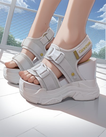 score_9, score_8_up, score_7_up, score_6_up, 
source_anime,
convention, indoors,
from side, 
(cyb3ria sandals), (platform footwear:1.1),
standing, contrapposto, posing, dynamic pose, v,
foot focus, feet only, foot shot,
1girl,