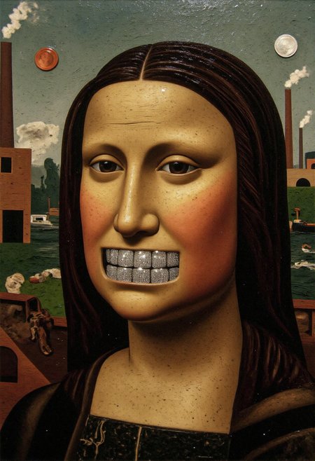swrind, abstract geometric reinterpretation of the Mona Lisa, angular forms and simplified shapes, faceless yet recognizable with blocky hair and an enigmatic smile revealing shiny metallic grillz gr!llz, muted industrial tones of gray, brown, and earthy greens contrasted with subtle glowing highlights, industrial machinery and smokestacks in the background, modernist abstraction with sharp contrasts, a blend of timeless art and contemporary flair, minimalist geometric composition with fragmented shapes and metallic accents<lora:Flux\LET ME SEE YOUR GRILLZ FLUX_Lora Gr!llz.safetensors:1.0:1.0> <lora:Flux\Seiwert_Industrial_v1 Flux_Lora swrind.safetensors:1.0:1.0>