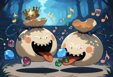 masterpiece,extreme detailed,outdoors,dungeon BREAK 2others,no humans,no_legs,goodybag_(dq),crown,no humans,gem,necklace,sharp teeth,tongue,<lora:goodybag_(dq)-NAI:1>,dancing,singing,musical note,happy,+++,