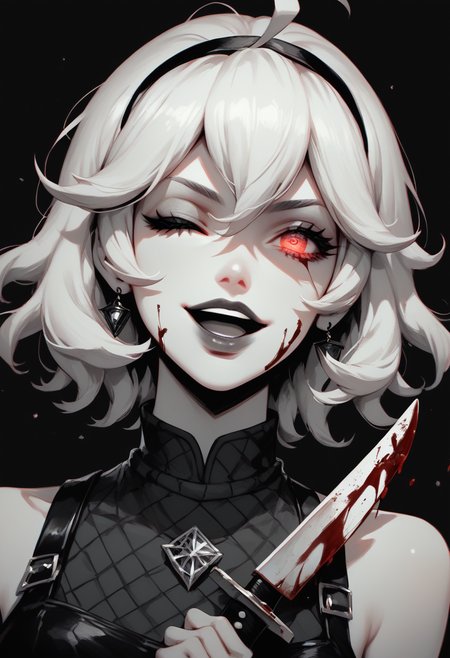 score_9, score_8_up, score_7_up, Goth girl, goth girl 1girl, 1girl,solo,looking at viewer,short hair, white hair, simple background,red eyes,maniac smile, open mouth, one eye closed, glowing eyes, (monochrome),lips,blood, black background,knife, holding a knife,spot color, bare shoulders,  <lora:Goth_girl_XL-v2:0.8>,  <lora:[GP] somethingweird [Pony XL]:0.2>, <lora:g0th1cPXL:0.3>, <lora:Concept Art Twilight Style SDXL_LoRA_Pony Diffusion V6 XL:0.8>,