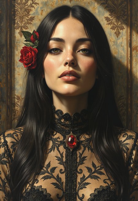 The artwork depicts an enigmatic woman illuminated by soft, dramatic light that highlights her features with captivating clarity. Her face exudes quiet confidence, with finely sculpted cheekbones, a straight nose, and slightly parted and smiling lips that contribute to her mysterious allure. Her golden-brown eyes gaze toward the viewer with an expression that is both contemplative and subtly challenging, as though guarding unspoken secrets. Her long, straight black hair cascades smoothly over her shoulders and down her back, its dark silkiness standing out against the light falling across her face. A delicate red rose tucked behind her ear provides a stark contrast to her dark hair, adding a touch of romantic symbolism to her otherwise restrained appearance. She wears a richly detailed, high-collared garment adorned with intricate lace patterns, suggesting opulence and sophistication. The ornate embroidery seems almost alive, its swirling motifs lending depth and texture to the scene. A tiny red jewel sits at the center of her collar, subtly drawing attention to her throat as a focal point. The background, though largely enveloped in darkness, reveals hints of an ancient settingâa faded mural or tapestry peeks through behind her, suggesting a historical or even gothic environment. The interplay between shadow and light further enhances the atmosphere, adding an air of mystery and timeless elegance to the composition. <lora:Mezzotint_Artstyle_for_Flux_-_by_Ethanar:0.5500000000000002> <lora:SkoolDaze_Portrait_Style-000014:0.5500000000000002> <lora:illustration20FLUX20.XsbF:0.3500000000000001> <lora:cpa.LgFo:0.3500000000000001>