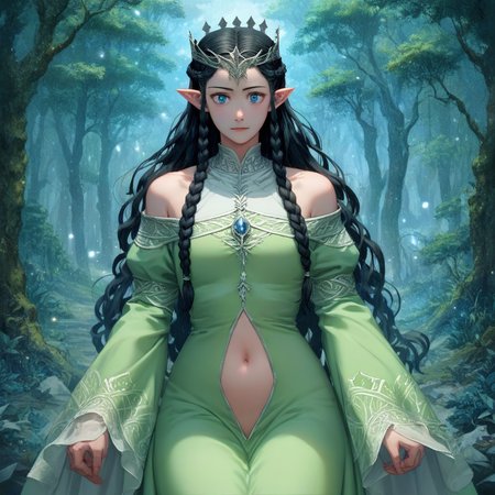 score_9, score_8_up, score_7_up,score_6_up, artist style:Urushihara Satoshi, source_hentai, source_anime, masterpiece, 2D, Arwen_Undómiel,tolkien's_legendarium, BREAK, Arwen\(Lord_of_the_Rings\),  Arwen, elf, pointy ears, blue eyes, black hair, long hair, sidelocks, braided_hair, crown_braid, 1woman,, horny, green dress, navel_cutout, off-shoulder_dress, bare_shoulders, revealing_clothes, impossible_dress, source_anime, anime style