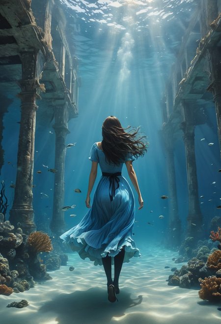 (water-colored), illustration, style of Jessica Galbreth,
(far view, far shot, rear view, facing away:1.3),
(Alice, very long dark brown hair,  hair rim lighting, hair in the wind, blue maid dress with short sleeves, black tights, black shoes:1.5), 
fog, dreamy, dream, coral, fish, sea weed
(walking, under water, giant under water city ruins:2)