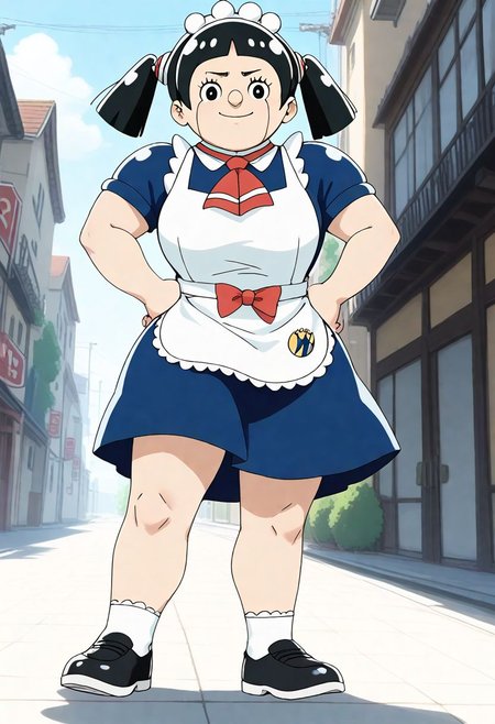 <lora:Hyper-SDXL-8steps-lora:1><lora:Fixhands_anime_bdsqlsz_V1:1> zPDXL2, score_9, score_8_up, score_7_up, source_anime, intricate details, perfect anatomy BREAK
1girl, solo, mar-roboco, black hair, bowl cut, short twintails, black eyes, maid headdress, mar-roboco outfit, maid, maid apron, red neckerchief, white socks, black shoes,
dutch angle, hands on hips, Teasing, A playful smirk, a raised eyebrow, and a hint of dominance.,
outdoors, city, tokyo, japan,
 <lora:mar-roboco_XL(pony)v10:1>