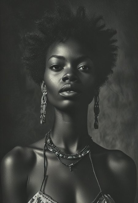 medium shot, dark photo, a evocative medium shot of a beautiful african woman