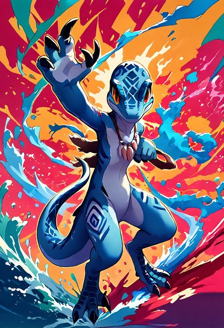 score_9, score_8_up, score_7_up, score_6_up, score_5_up, score_4_up, source_furry, source_anime, BREAK, dinosaur standing up with a glowing bow in one hand, (tribal outfit,bow, arrows, tribal markings, tribal paint,) action pose,anthro, looking at viewer, tail, anthro, Blue_jw, dinosaur, raptor, scales, tail, claws, talons, blue scales, yellow sclera, slit pupils, female,1girl,female focus,looking at viewer,full body,scalie, no human,illustration, fortnitelsxl, aura, energy, multicolored background, thick multicolored outline, background: waves of paint, reij-splshpwdr, ink lined illustration, Kemono
