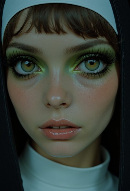 A highly detailed close-up of a nun in 70s style with bold eyeshadow. Her face is softly illuminated, exuding a mysterious allure. The eyes are adorned with striking, DARK olive green eyeshadow and eye-lashes that accentuates her deep, expressive gaze. Her hair is tucked under a classic nun's habit, and the contrast between her simple white garment and the vibrant colors of her eyeshadow enhances the eye-catching 70s look. Her lips are slightly parted, adding a hint of playfulness, while soft shading highlights the curves of her face. The monochrome background enhances the timeless elegance, while subtle color accents, such as a gentle glow on her lips, enhance the atmosphere of dark enchantment.
Nistyle, monochrome analog photo, extreme face close-up, a captivating ethereal nun, royal aura, alluring charm, hyper-detailed photorealistic, with vibrant neon color highlights, gray, white, and soft pastel tones.