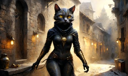 7. Tabaxi Rogue: Her lean figure shifts through shadowed alleys as catlike iridescent fur ripples across slender limbs; golden eyes watch for opportunity beneath a black cowl adorn with bellsâa master thief and cunning infiltrator, she moves like a whisper on the wind. in a dystopian future, detailed setting, with mist and smoke, and colorful accent lighting <lora:LaxpeintXL-2.0:1> <lora:xl_more_art-full_v1:1> <lora:add-detail-xl:1>