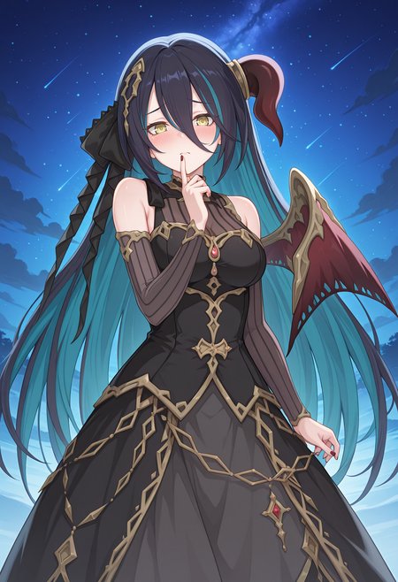 highres, best quality, masterpiece, starry sky, night,
1girl, solo, pcranpha, black hair, blue hair, very long hair, two-tone hair, streaked hair, single horn, horn ring, single wing, yellow eyes, green eyes, hair between eyes, nail polish,
rnphdef, hair ribbon, black ribbon, hair ornament, black dress, sleeveless dress, gold trim, see-through cleavage, vertical-striped clothes, detached sleeves, grey sleeves, grey skirt, long skirt, overskirt,
looking at viewer, frown, blush,
standing, finger to mouth,
<lora:_ranpha_pcr-elesico-ilxlB:1>
