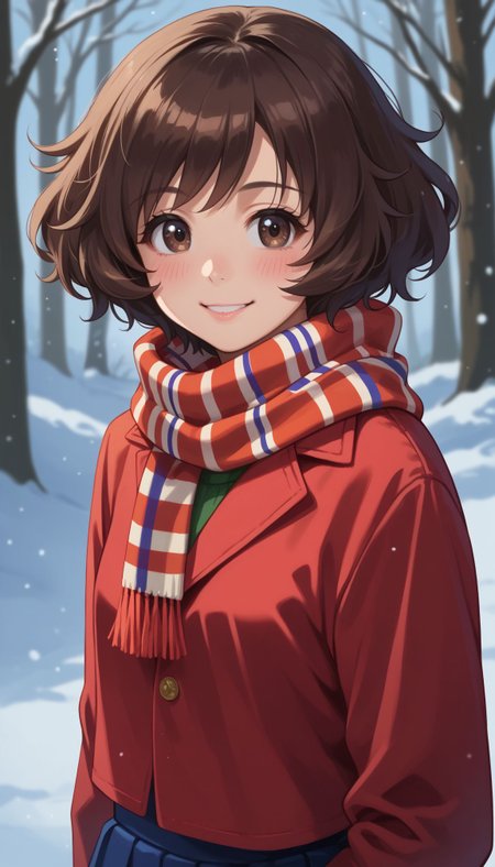 score_9, score_8_up, score_7_up, score_6_up, , solo, 20yo woman, (Beuty:1.1) , (cute:1.3), ,perfecteyes , seductive smile,perfect (photo realistic:1.2), (simple background:1.1),
 <lora:Akiyama:0.9> 1girl, akiyama yukari, short hair, messy hair, bangs, brown hair, brown eyes,  looking at you, skirt, outdoors, scarf, winter, smile, blush