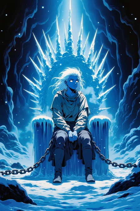 ne0nfant4sy, In a massive chamber carved from solid ice, a figure with translucent blue skin and hair like frozen mist is chained to an icy throne, her cold, glowing eyes staring out over a desolate frozen wasteland. The throne is adorned with sharp, jagged icicles that glisten in the faint light filtering through the cavern walls, and her chains, made of enchanted frost, shimmer with a soft, white glow. Her breath forms small clouds in the frigid air, and her torn clothing clings to her skin, barely providing warmth against the biting cold. The walls of the chamber are covered in intricate frost patterns that seem to shift and move, reflecting the light in dazzling, crystalline rainbows. Above, the ceiling is a mass of frozen stalactites, some of which drip with freezing water that forms small, glistening pools on the floor. The air is still and silent, save for the occasional creak of the ice as it shifts under the weight of centuries. Outside the cavernâs entrance, an endless expanse of snow and ice stretches out, the wind howling across the frozen landscape like a distant, mournful song. The atmosphere is one of frozen eternity, where time itself seems to have stopped, trapping the figure in a prison of cold and isolation.<lora:RetroAnimeFluxV1:0.5><lora:NeonFantasyFLUX:0.3>