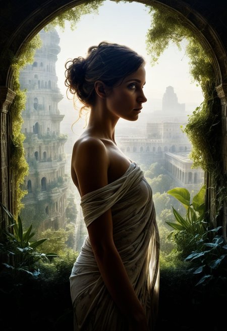 mysterious silhouette beautiful antique woman in a toga, (hanging gardens of babylon), goddess, alluring, by Minjae Lee, Carne Griffiths, Emily Kell, Steve McCurry, Geoffroy Thoorens, Aaron Horkey, Jordan Grimmer, Greg Rutkowski, amazing depth, double exposure, surreal, geometric patterns, intricately detailed, bokeh,  perfect balanced, deep fine borders, artistic photorealism , smooth,  great masterwork by head of prompt engineering   <lora:add-detail-xl:2>  <lora:Double_Exposure:0.5> , very close-up