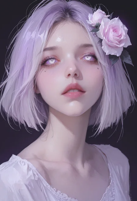 masterpiece, best quality, amazing quality, lldn, watercolor, detailed drawing, 1girl, flower, mole, solo, portrait, rose, glowing, mole under eye, parted lips, looking at viewer, simple background, black background, purple theme, glowing eyes, white eyes, short hair
<lora:ppw_v7_animv4_1_r2:0.6> <lora:748cm_illu:0.6> 7481llu <lora:69yottea_illu_v2:0.4> <lora:illustrious_all_rated_v1:0.6> masterpiece, best quality, very aesthetic, <lora:LLDN-IL:0.6>