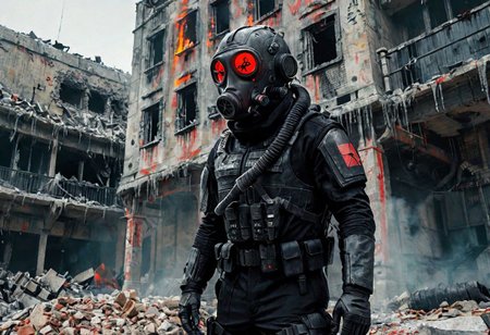 cinematic film still,live action jin-roh the wolf brigade,dystopic riot police officer wearing black power armor and a gas mask with glowing red eyes holding a flamethrower standing in a crumbling city with brutalist architecture and rubble,stalhelm,