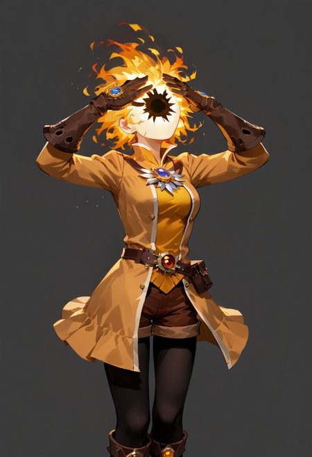 score_9, score_8_up, score_7_up,
lord_of_frenzy, fire head,
novakin, faceless, no eyes, no mouth, no nose, no facial features, short fiery yellow orange hair, body made of black plasma,
open hands, hands on face front,
hands on own head, 
upside-down, backflip,
magical girl outfit, (steampunk dress:1.1), boots, (brown shorts:1.1), black tights, medium breasts, belt, gloves, 
head up, bend back,
simple background, grey background,