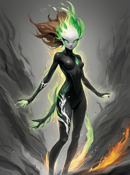 <lora:artfullyMENTALITY_SDXL_V1-000001:1> , masterpiece, illustration, sketch, fire elemental, black and white bodysuit,  green and brown chuncks of energy around  her
