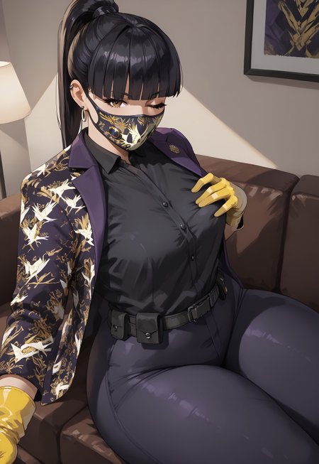 safe_pos, score_9, score_8_up, score_7_up,indoors,dim lighting, from sideways,from above,selfie,AzamiR6S,1girl,solo,sitting on sofa,hand on top breast,looking at viewer,horny,beautiful face,beautiful eyes, brown eyes,one eye closed,black hair, blunt bangs, ponytail, black eyeliner, single earring,(curvy:1), small breasts,huge thighs,mouth mask, yellow gloves, purple jacket, print jacket, black collared shirt, harness, black belt, purple pants, thigh strap