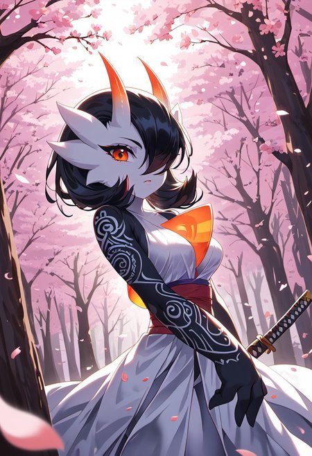 (((gardevoir))), female, anthro, porcelain white skin,zPDXL3, score_9, score_8_up, score_7_up, 1girl, ((Gardevoir)), ((horns on forehead)), solo, 21year old, black hair, messy ponytail, fringe, black eyes, medium breasts, petite body, glossy skin,samurai spirit, oni, battle-worn outfit, cherry blossoms, moonlit sky, scattered petals, ancient katana, kanji tattoos, looking at viewer, eye contact, dutch angle, warm light, godrays, volumetric lighting, vivid colors, painterly, glitch art photo,