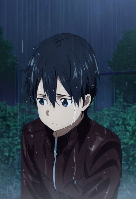high resolution, solo, best quality, 1Boy, Kazuto Kirigaya, Black Hair, Black Eyes, heavy rain, night, looking down, sad, leather jacket, looking away, wet, wet hair, OverallDetail