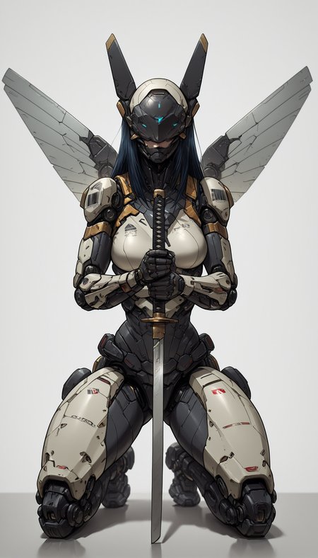 ECM-V1.0,, An4chr0t3ch masterpiece, best quality, good quality, very aesthetic, absurdres, newest, 8K, depth of field, focused subject,  An4chr0t3ch, covered eyes, headgear  Create a detailed, full-body, dynamic pose digital artwork of a female warrior in a futuristic combat suit. She is depicted with both hands gripping a sword, ready for combat. The armor is predominantly white and gray, with intricate mechanical details and blue accents. The warrior has long, straight hair and wears a face mask. The background is minimalistic, with a white backdrop and Japanese text. The overall style is modern and digital, featuring clean lines and a focus on realism. 1girl, solo, long_hair, breasts, looking_at_viewer, black_hair, holding, full_body, weapon, wings, sword, holding_weapon, black_eyes, kneeling, mask, bodysuit, holding_sword, katana, sheath, science_fiction, mouth_mask, mecha_musume, cyborg, robot_joints, barcode, mechanical_wings, mechanical_legs, <lora:Detail_enhancer_IL:0.65> <lora:ECM-V1.0-000012:1.0> <lora:Anachrotech_Mecha_bits_Illustrious:1.0>