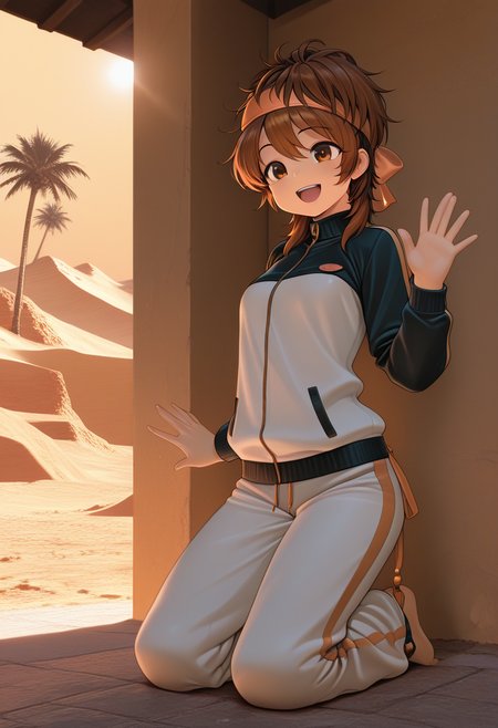 masterpiece, best_quality, amazing_quality, 1girl, solo,momokochar, short_hair, desert oasis with holographic palm trees, kneeling, happy, track_jacket, track_pants,