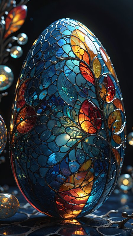 low angle, concept of a shimmering stained glass egg, dark blue background, hyper-detailed and hyper-realistic CGI, The lighting would be soft and gentle casting warm sunlight through the translucent layers of glass to create a beautiful and dreamy atmosphere. dark blurry background, a 8K ultra-high definition photograph that showcases the incredible level of detail and realism achieved through cutting-edge CGI technology, shines brightly from within, bioluminescence, vibrant,fine textures, fibonacci sequence, <lora:TQ_-__Kids_Storybook_Illustrations_XL-000006:0.6>  <lora:IOS_Iridescent_opal_style:0.2>