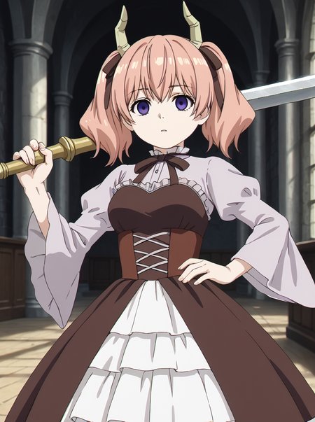 detailed background, posing,
<lora:linie.pony:1>
linie,
medium breasts, empty eyes,
holding weapon,