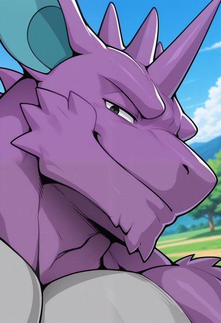 masterpiece,best quality, amazing quality, 1boy, solo, n1d0k1ng, pokemon (creature), bara, outside, close up, side angle, smug,