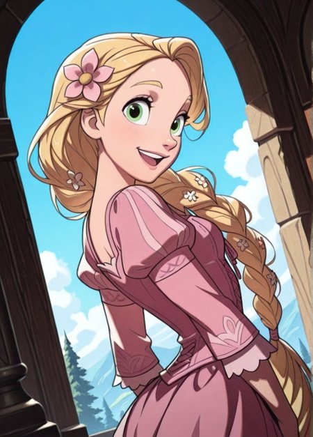 fireemblemxd, 
masterpiece, best quality, amazing quality, very aesthetic, absurdres, newest, detailed background, cowboy shot, outdoors, dynamic angle, perfect eyes, beautiful eyes,
rapunzelxd, 1girl, solo, blonde hair, braid, hair flower, flower, hair ornament, long hair, smile, open mouth, looking back, puffy sleeves, looking at viewer, dress, long sleeves, juliet sleeves, upper body, single braid
<lora:Rapunzel_-_Disney_Illustrious:1>
 <lora:Fire_Emblem_Style:1>,