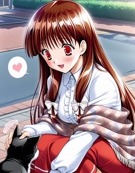 masterpiece, best quality, amazing quality, very aesthetic, high definition, absurdres, official art, ultra detailed, 
1girl solo, ouse_yumiko, long hair, brown hair, red eyes, tress ribbon, medium breasts BREAK shawl, white shirt, fringe trim, center frills, red skirt, 
lovestruck, happy, blush, looking at cat, spoken heart, squatting, on one knee, Petting, sidewalk, motion lines, highly detailed <lora:ouse yumiko v1.0-000018:1>