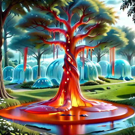 a forest made out of slime, dense-forest, Yggdrasil, a vast tree made out of slime, A large tree made out of slime, brown slime tree, translucent tree, transparent tree, 
everything made of slime, No simple background, ((slime tree)), 
((translucent slime)), ((transparent slime)), (bioluminescent slime), sl1m3, slime, slime-morph, ais-blmn, saturated colors, no creatures, no monsters, no pokemon, scenery only, scenery, ral-lava,