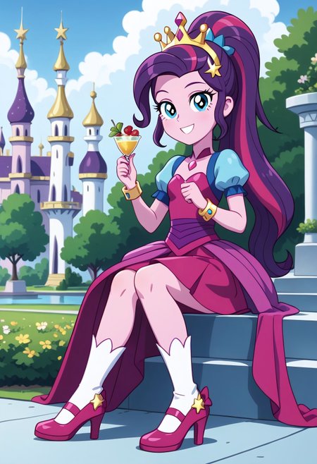 score_9, score_8_up, score_7_up, score_6_up, from My Little Pony Equestria Girls, a very young little human girl Pinkie_Pie wearing a fit blue|sky|green|brown|darkpurple|red|yellow gradients colors short princess dress, elegant detailed princess shoes, solo, 1girl, little princess girl, gradient dark pink hair with crown hairband, smile, childhood, looking at viewer, glow detailed eyes, garden of canterlot, tul, chiffon, laces, semi realistic cartoon, unreal engine 5,  full body close-up, absurdres, digital art, soft light, perfect hands, perfect, hands, perfection, soft pink skin, skyblue eyes, party accesories and shoes, jewelry, tres chic,<lora:age_slider_v4:-4>,