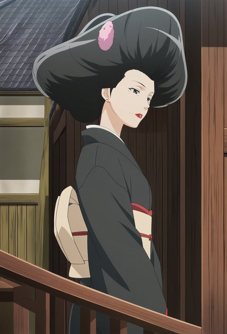 anime screencap,anime coloring,detailed face,masterpiece,best quality,very aesthetic,absurdres,volumetric lighting,official style,amazing quality,ultra detailed,highres,amazing quality,scenery,beautiful detailed hair,beautiful detailed eyes,<lora:Ayasato Kimiko-IL V1:1>,Ayasato Kimiko,1girl,solo,japanese clothes,kimono,black hair,lipstick,makeup,sash,earrings,obi,