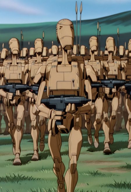 masterpiece, best quality, absurdres, AWGXS, anime screenshot, retro artstyle,1990s (style), cel animation, no humans, b1bd, cl4nker, army, outdoors, grass