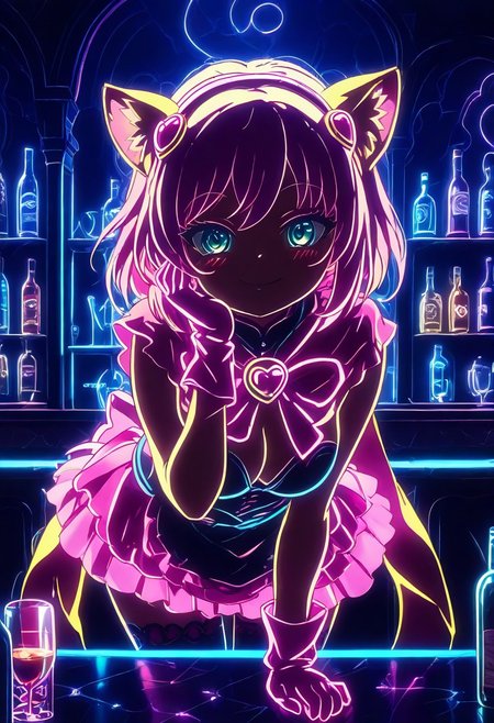 Expressiveh, score_9, score_8_up, score_7_up, score_6_up, score_5_up, score_4_up, godrays, 1girl, pose, smile, looking at viewer, hotel bar, neon, color lights, dim, night, (bent over table), face focus, sexy, ((holding a bottle of wine)), drunk, (glittering pastel clothing, glossy sparkling fabric)  makeup, long eyelashes, glossy lipstick, blush, eyeshadow, hand on the cheek
(((rosia_(show_by_rock!!),))),